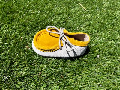 mustard and white soft sole shoes for baby by Foot Buddy